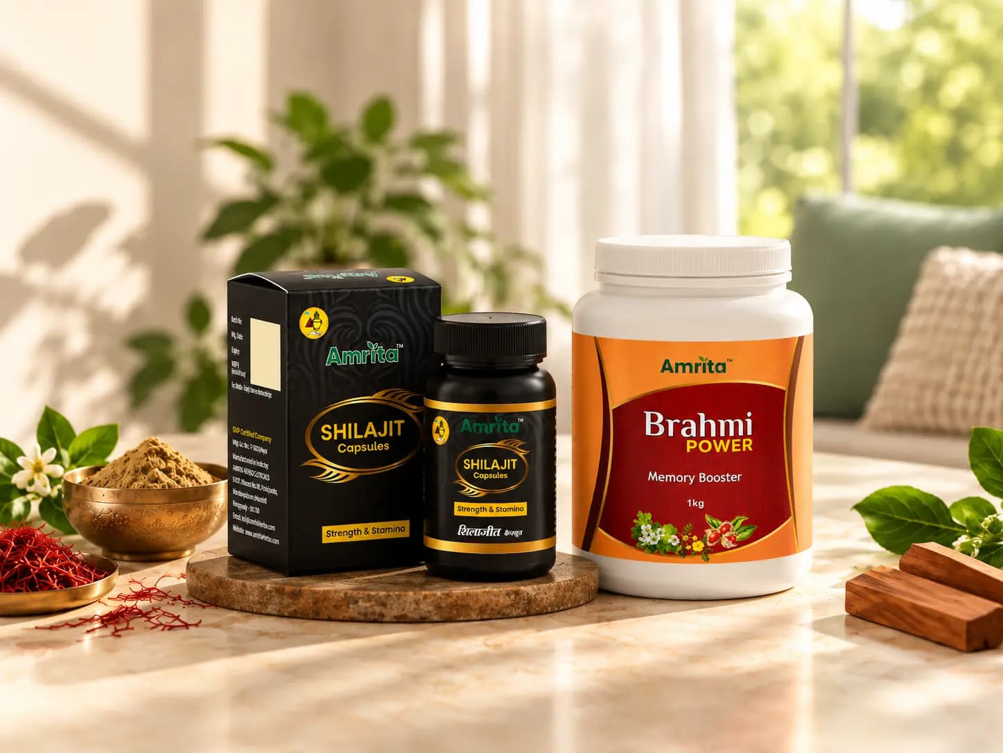 Amrita Shilajit capsules and Brahmi Power in warm natural light