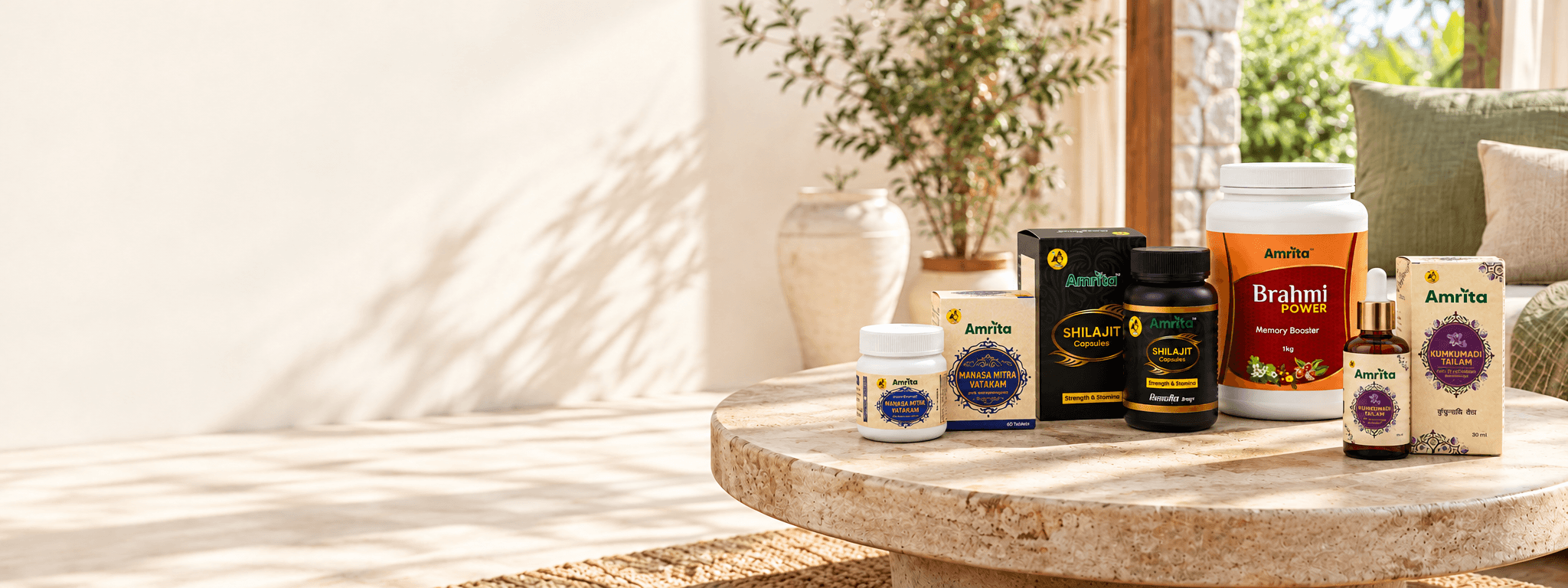 Amrita Ayurvedic formulations naturally arranged on a sunlit stone table
