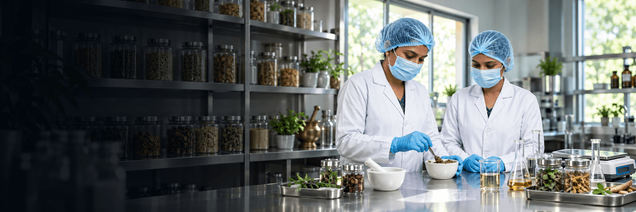 Two Ayurvedic formulation specialists preparing herbs in a modern laboratory