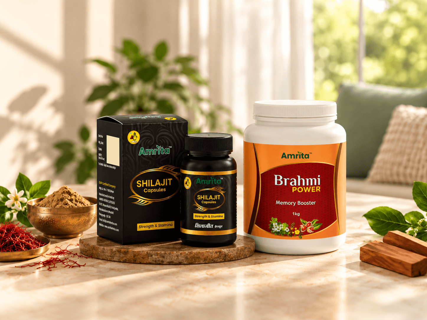 Amrita Shilajit Capsules and Brahmi Power with Ayurvedic herbs in warm sunlight